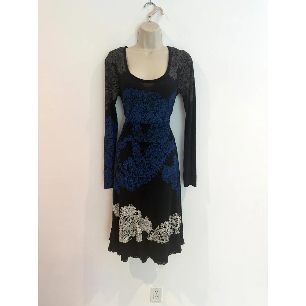 Desigual Y2K Dress Black Paisley Sz M Embroidered Long Sleeve Whimsigoth Euro - Picture 2 of 9